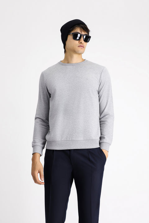 Orta Gri Melanj Bisiklet Yaka Regular Fit Pamuk Sweatshirt