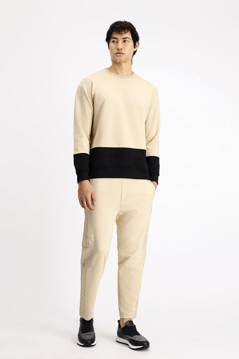 Medium Beige Crew Neck Oversize Patterned Cotton Sweatshirt
