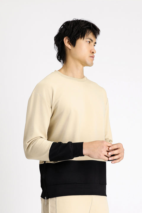 Medium Beige Crew Neck Oversize Patterned Cotton Sweatshirt