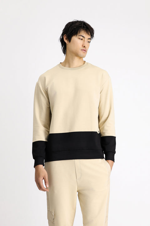 Medium Beige Crew Neck Oversize Patterned Cotton Sweatshirt
