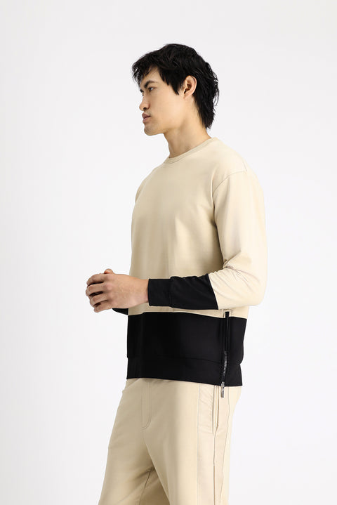 Medium Beige Crew Neck Oversize Patterned Cotton Sweatshirt