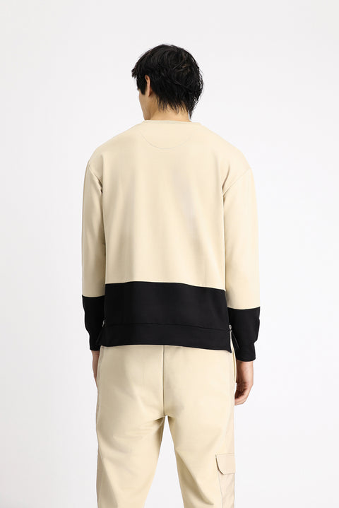 Medium Beige Crew Neck Oversize Patterned Cotton Sweatshirt
