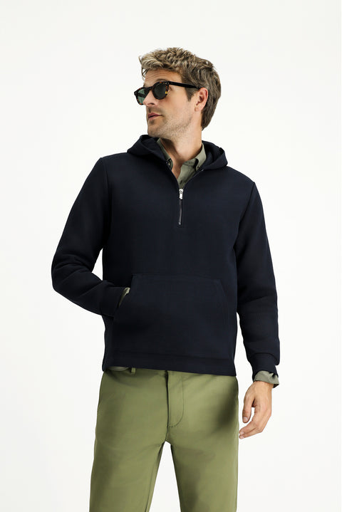 Dark Navy Hooded Regular Fit Patterned Zip-Up Cotton Sweatshirt