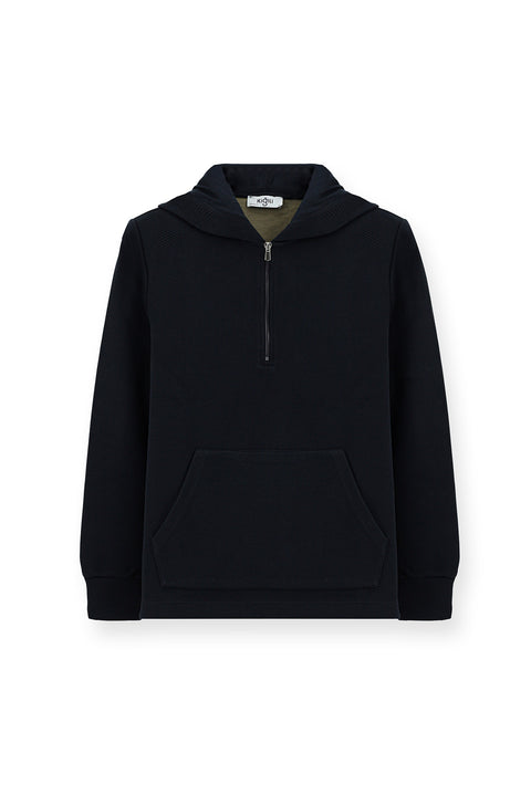 Dark Navy Hooded Regular Fit Patterned Zip-Up Cotton Sweatshirt