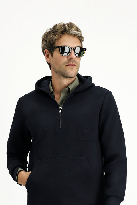 Dark Navy Hooded Regular Fit Patterned Zip-Up Cotton Sweatshirt