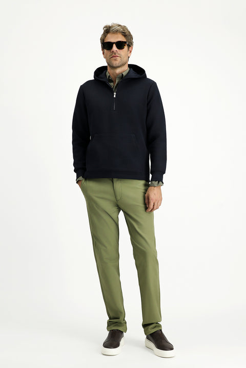 Dark Navy Hooded Regular Fit Patterned Zip-Up Cotton Sweatshirt