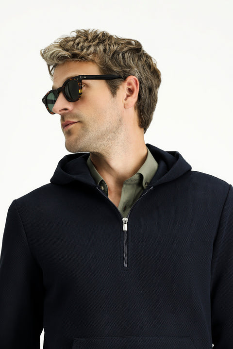 Dark Navy Hooded Regular Fit Patterned Zip-Up Cotton Sweatshirt
