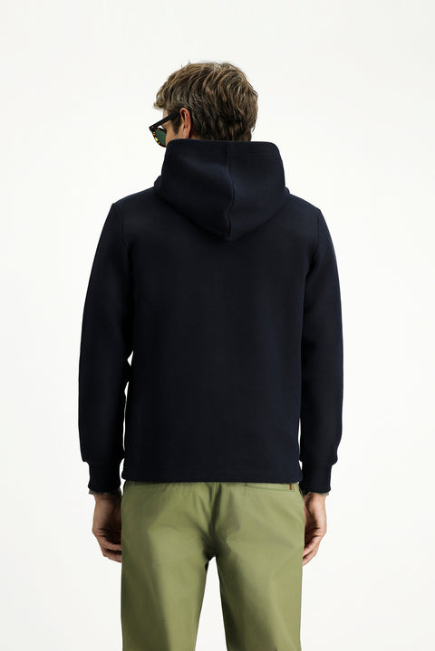 Dark Navy Hooded Regular Fit Patterned Zip-Up Cotton Sweatshirt