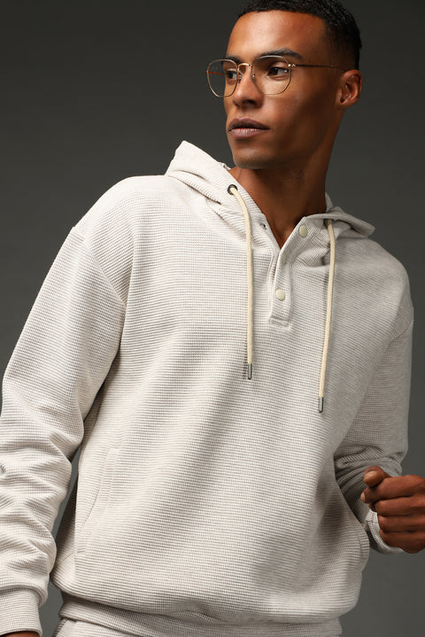 Light Beige Hooded Patterned Cotton Sweatshirt