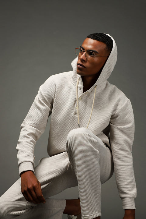 Light Beige Hooded Patterned Cotton Sweatshirt