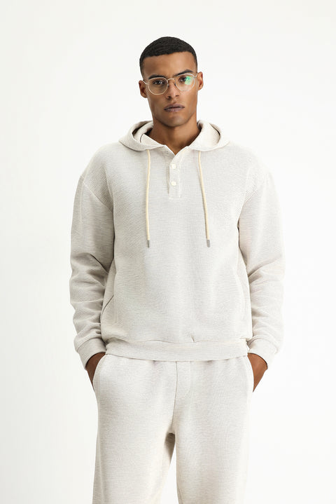 Light Beige Hooded Patterned Cotton Sweatshirt