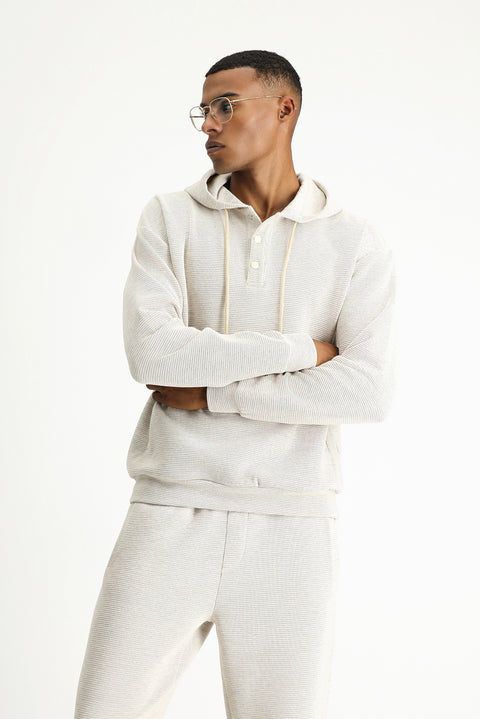 Light Beige Hooded Patterned Cotton Sweatshirt