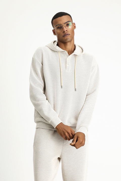 Light Beige Hooded Patterned Cotton Sweatshirt