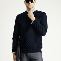 Medium Navy Crew Neck Regular Fit Seamless Patterned Knit Sweater