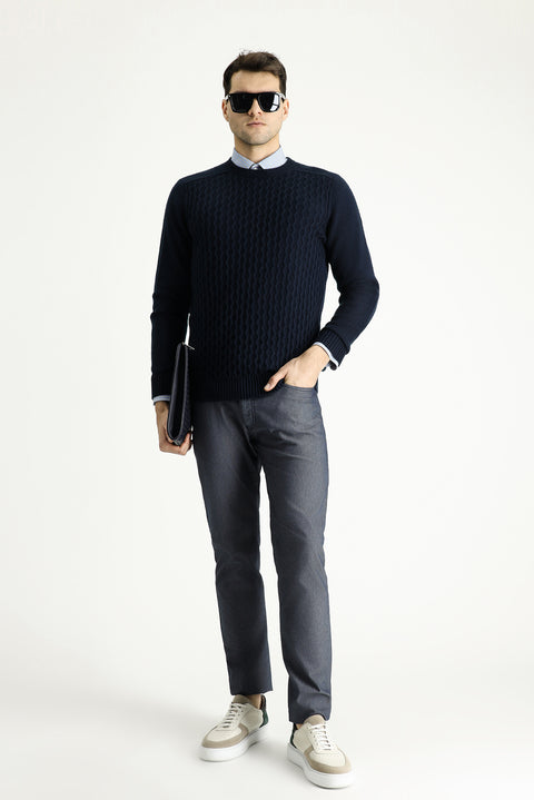 Medium Navy Crew Neck Regular Fit Seamless Patterned Knit Sweater