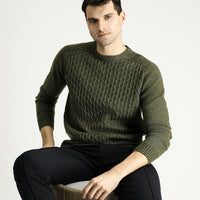 Medium Khaki Crew Neck Regular Fit Seamless Patterned Knit Sweater