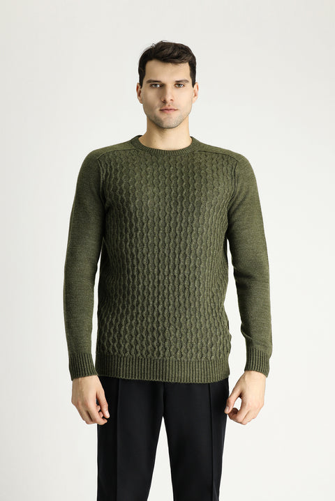 Medium Khaki Crew Neck Regular Fit Seamless Patterned Knit Sweater