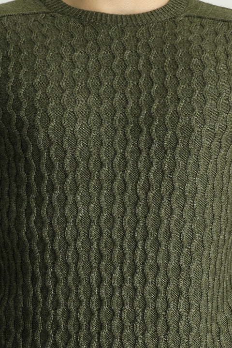 Medium Khaki Crew Neck Regular Fit Seamless Patterned Knit Sweater