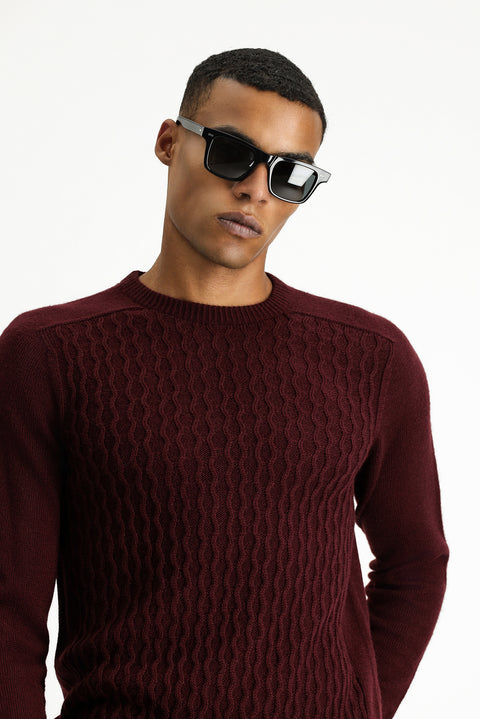 Dark Burgundy Crew Neck Regular Fit Seamless Patterned Knit Sweater