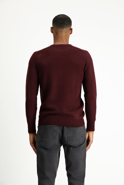 Dark Burgundy Crew Neck Regular Fit Seamless Patterned Knit Sweater