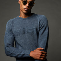 Indigo Crew Neck Regular Fit Seamless Patterned Knit Sweater