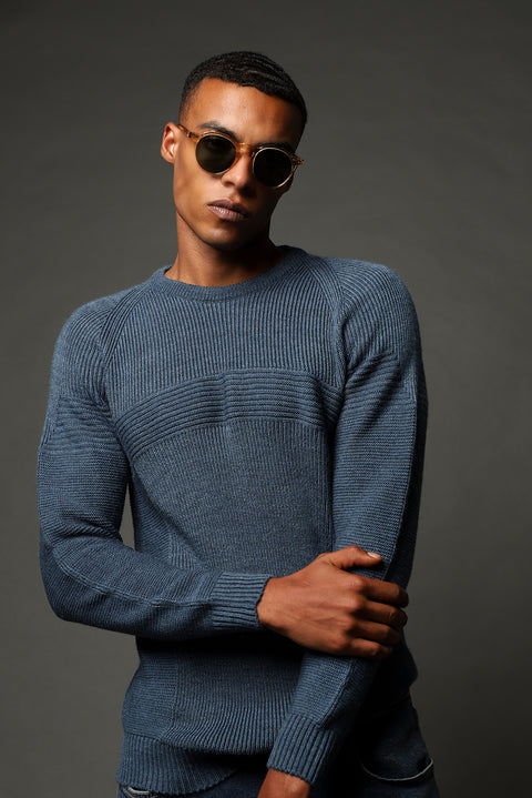 Indigo Crew Neck Regular Fit Seamless Patterned Knit Sweater