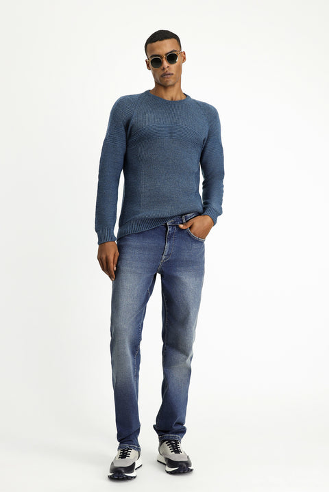 Indigo Crew Neck Regular Fit Seamless Patterned Knit Sweater