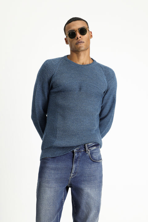 Indigo Crew Neck Regular Fit Seamless Patterned Knit Sweater