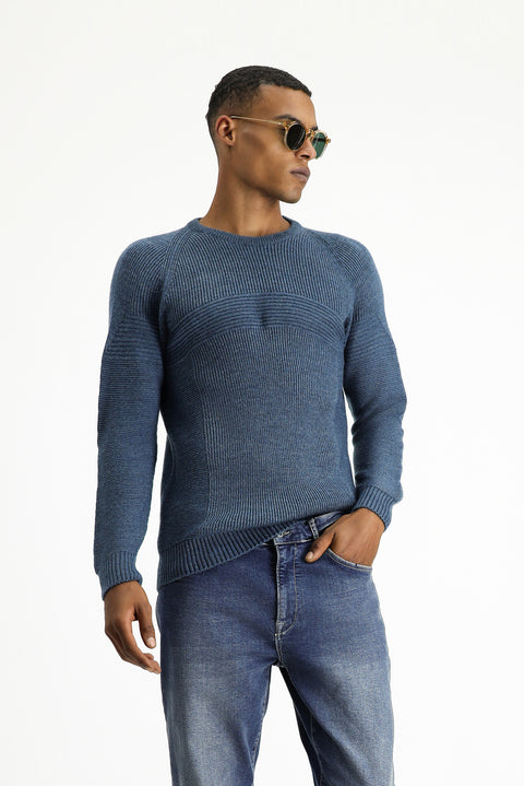 Indigo Crew Neck Regular Fit Seamless Patterned Knit Sweater