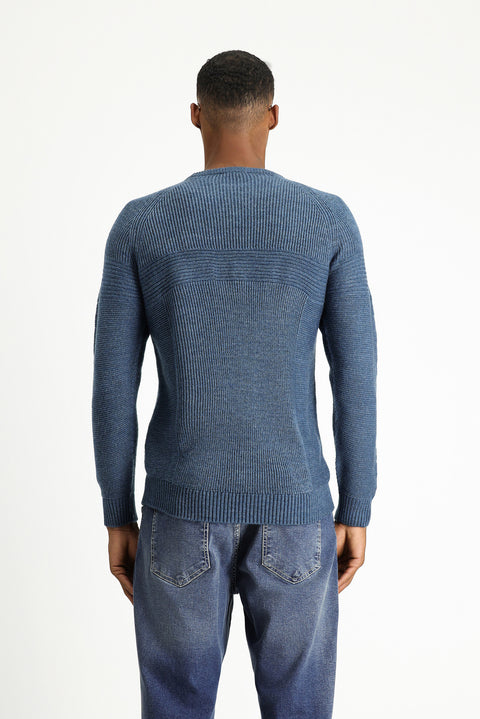Indigo Crew Neck Regular Fit Seamless Patterned Knit Sweater
