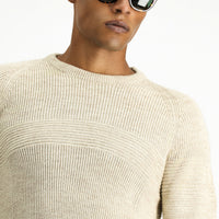 Light Beige Crew Neck Regular Fit Seamless Patterned Knit Sweater