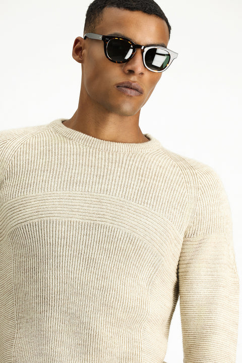Light Beige Crew Neck Regular Fit Seamless Patterned Knit Sweater