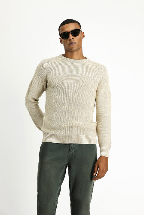 Light Beige Crew Neck Regular Fit Seamless Patterned Knit Sweater