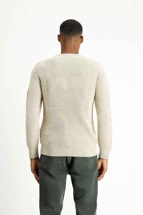 Light Beige Crew Neck Regular Fit Seamless Patterned Knit Sweater