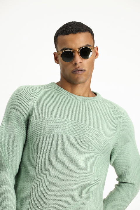Mint Green Crew Neck Regular Fit Seamless Patterned Knit Sweater