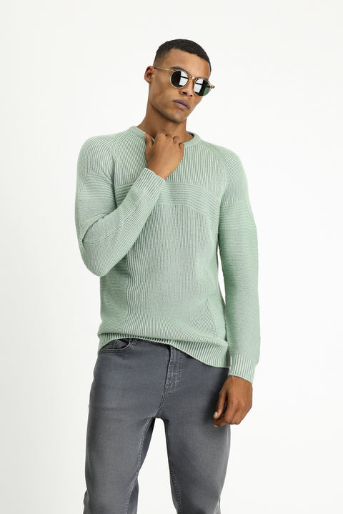 Mint Green Crew Neck Regular Fit Seamless Patterned Knit Sweater