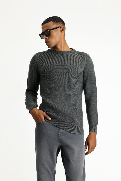 Medium Anthracite Crew Neck Regular Fit Patterned Knit Sweater