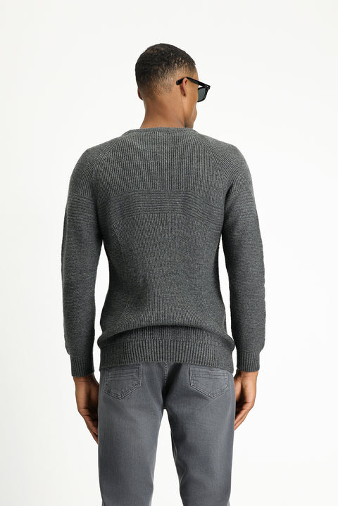 Medium Anthracite Crew Neck Regular Fit Patterned Knit Sweater