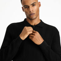 Black Polo Collar Button-Down Slim Fit Patterned Cotton Knit Sweater