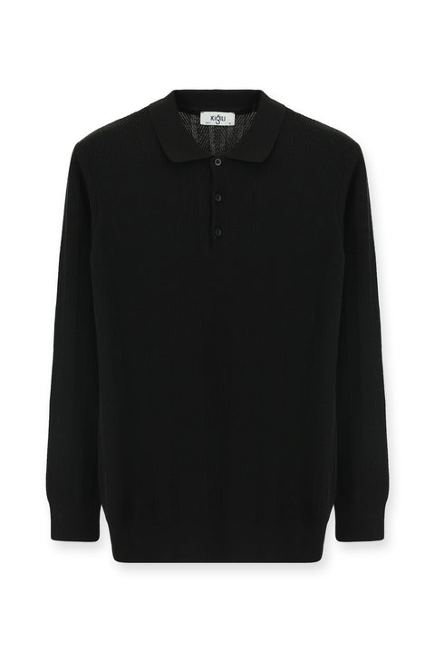 Black Polo Collar Button-Down Slim Fit Patterned Cotton Knit Sweater