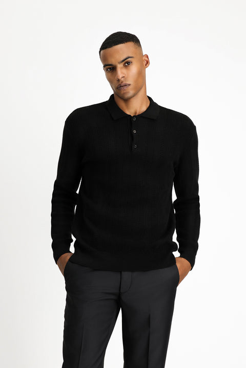 Black Polo Collar Button-Down Slim Fit Patterned Cotton Knit Sweater