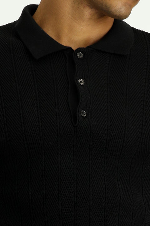 Black Polo Collar Button-Down Slim Fit Patterned Cotton Knit Sweater