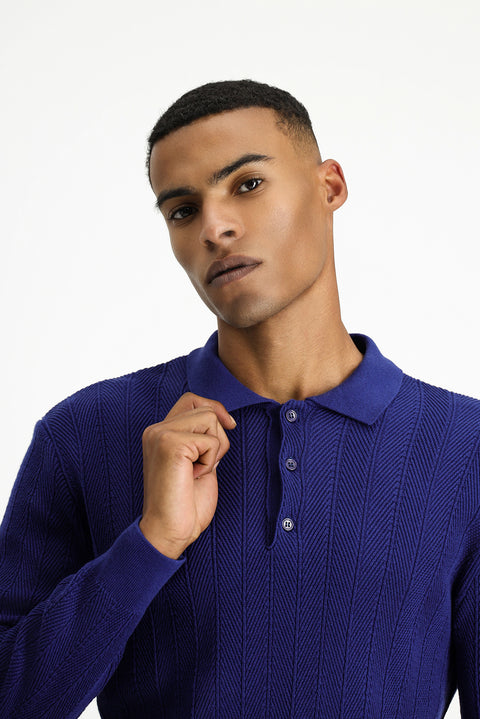 Açık Lacivert Polo Yaka Düğmeli Slim Fit Desenli Pamuklu Triko Kazak