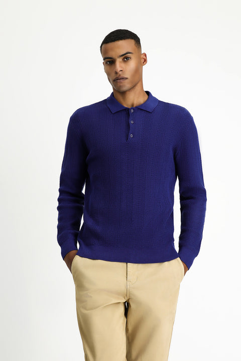 Açık Lacivert Polo Yaka Düğmeli Slim Fit Desenli Pamuklu Triko Kazak