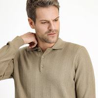 Medium Beige Polo Collar Button-Down Slim Fit Patterned Cotton Knit Sweater