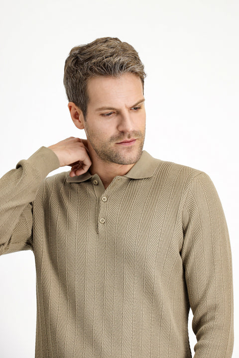 Medium Beige Polo Collar Button-Down Slim Fit Patterned Cotton Knit Sweater