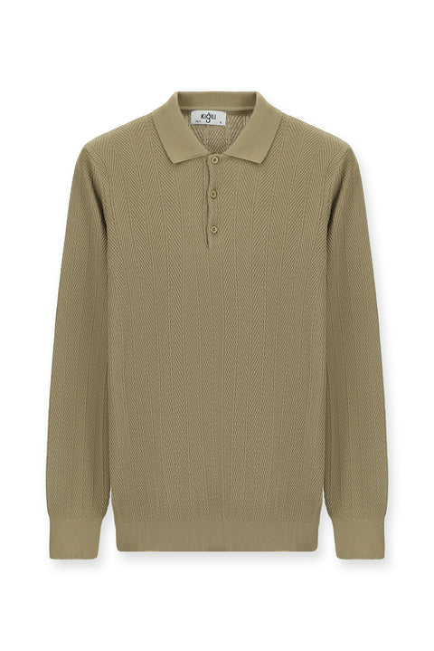 Medium Beige Polo Collar Button-Down Slim Fit Patterned Cotton Knit Sweater