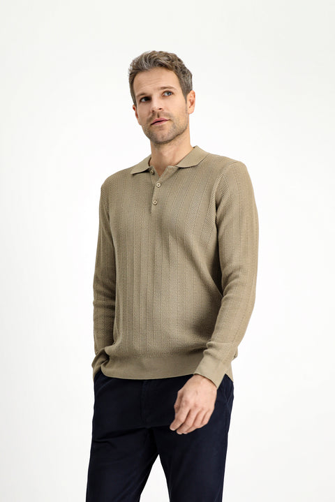 Medium Beige Polo Collar Button-Down Slim Fit Patterned Cotton Knit Sweater
