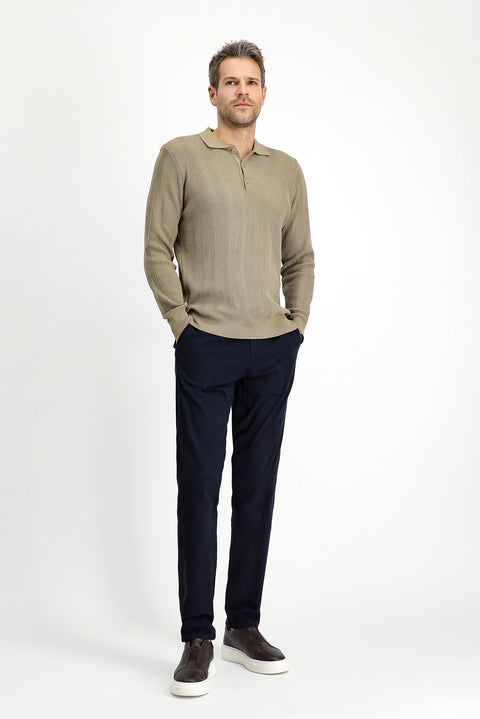 Medium Beige Polo Collar Button-Down Slim Fit Patterned Cotton Knit Sweater