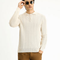 Off-white Polo Collar Button-Down Slim Fit Patterned Cotton Knit Sweater